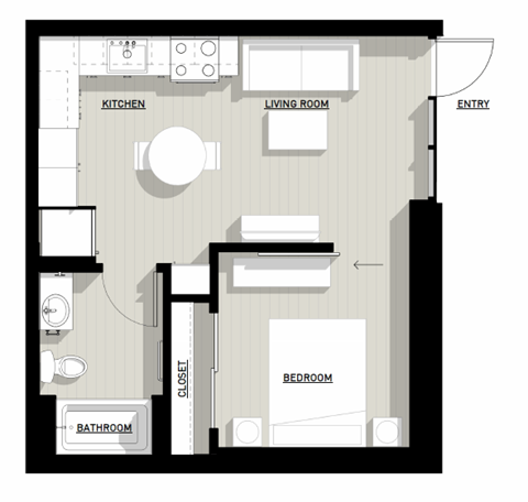 A floor plan of a small apartment with a kitchen, living room, bedroom, and bathroom.